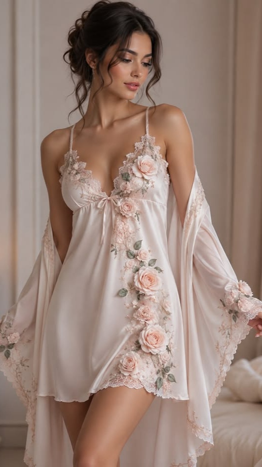 AI Nightwear – Ivory Floral Robe Set