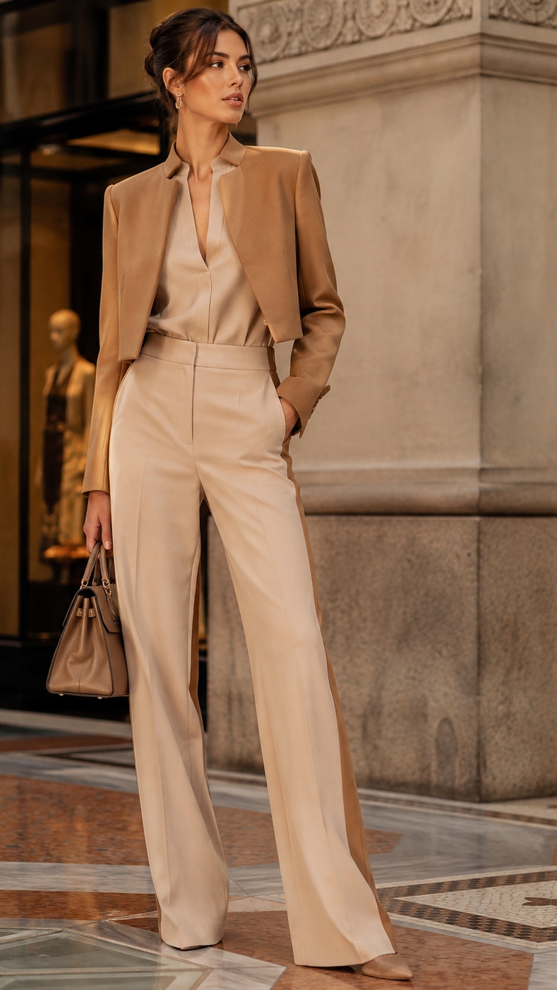 AI Glamour Style – Camel Wide-Leg Pantsuit