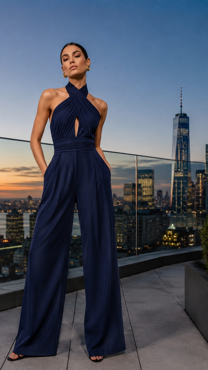 AI Glamour Style – Navy Halter Jumpsuit