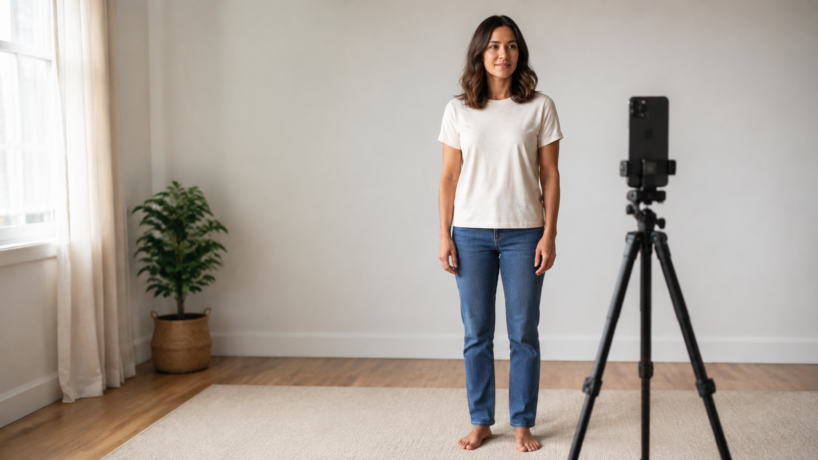 A full-body photo setup with a phone on a tripod