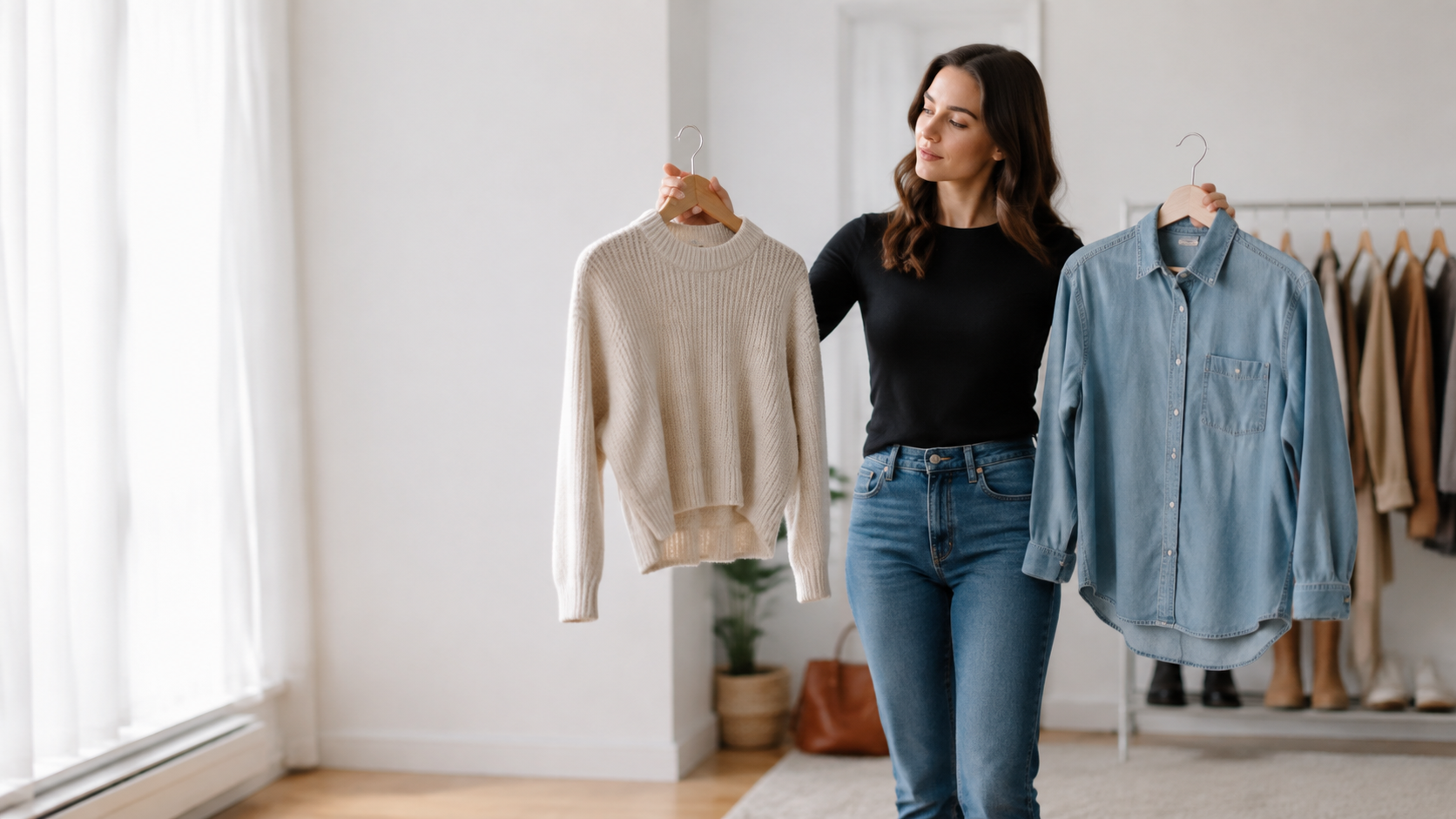 A person comparing two everyday garments in a bright dressing area